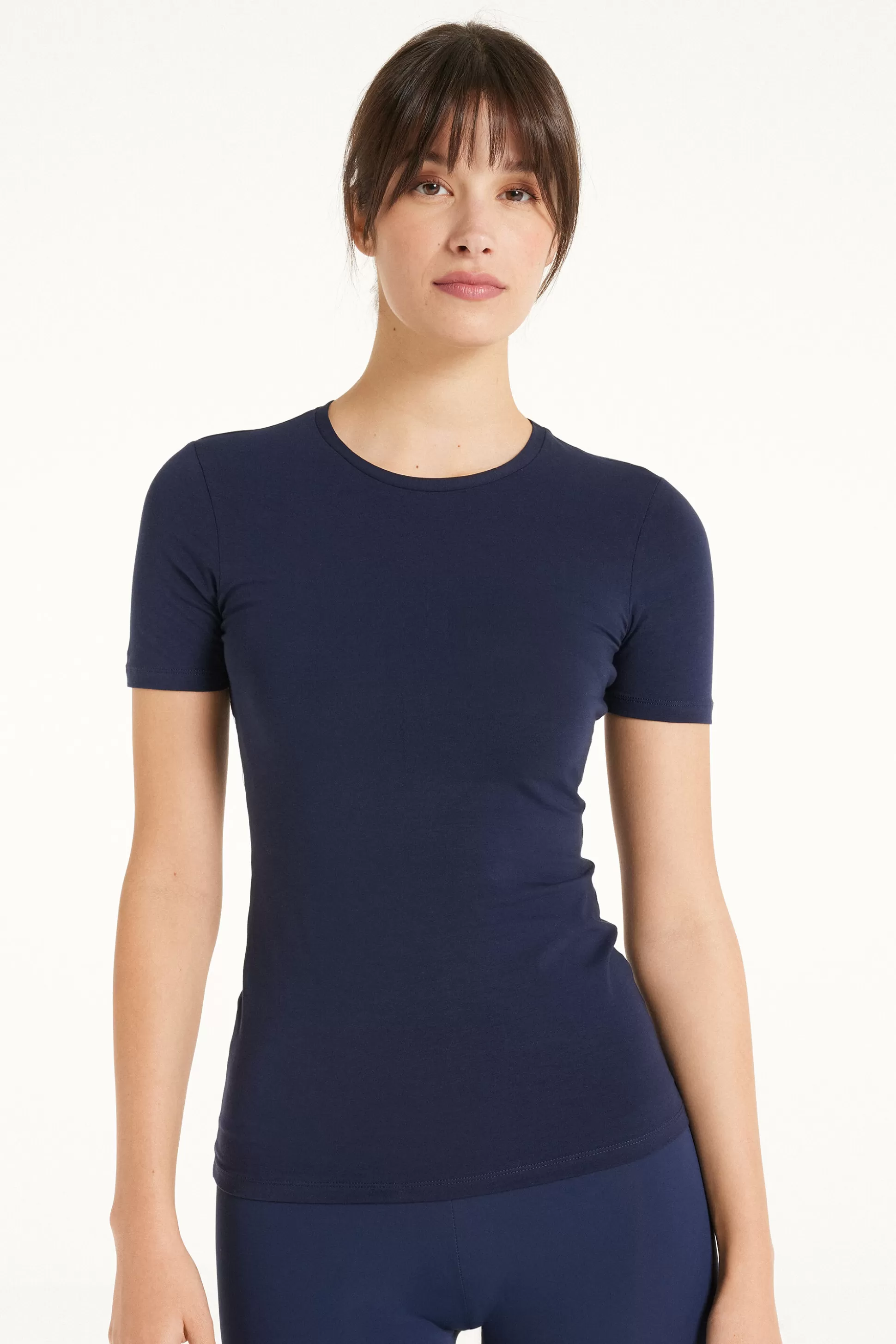 Tezenis Crew-Neck Stretch-Cotton T-Shirt - Short-Sleeved Tops - Women | blue Store