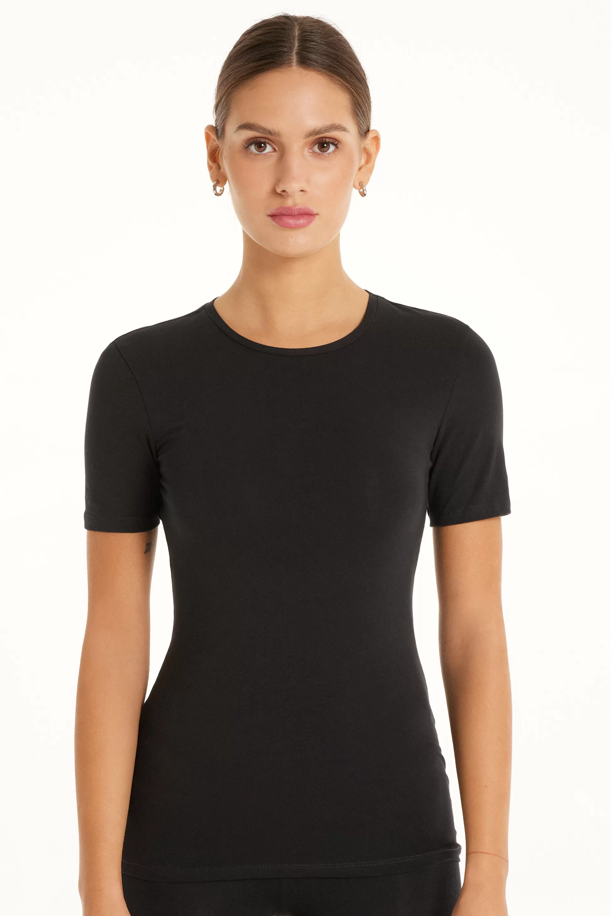 Tezenis Crew-Neck Stretch-Cotton T-Shirt - Short-Sleeved Tops - Women | black Cheap