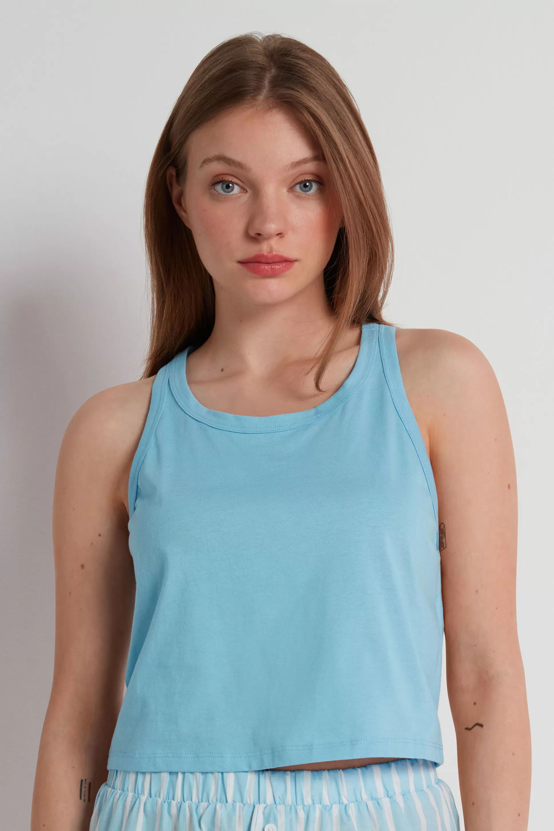 Tezenis Cropped Cotton Halter Tank Top - Pajama Sets - Women | blue Flash Sale