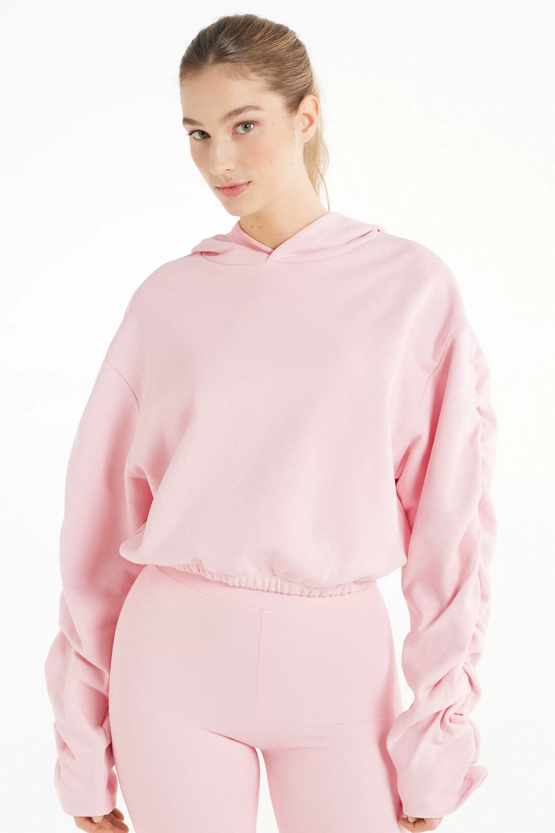 Tezenis Cropped Hoodie Sweatshirt With Ruched Sleeves - Sweatshirts - Women | pale pink Store