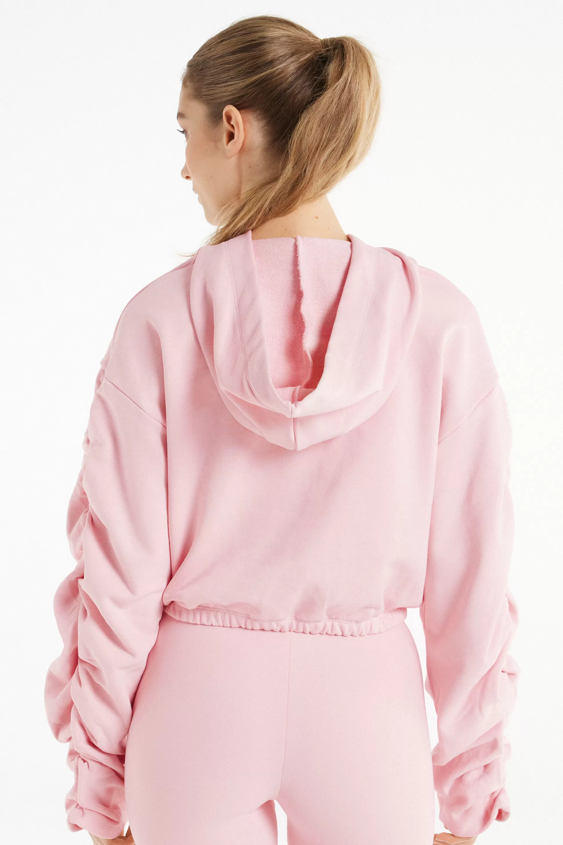 Tezenis Cropped Hoodie Sweatshirt With Ruched Sleeves - Sweatshirts - Women | pale pink Store