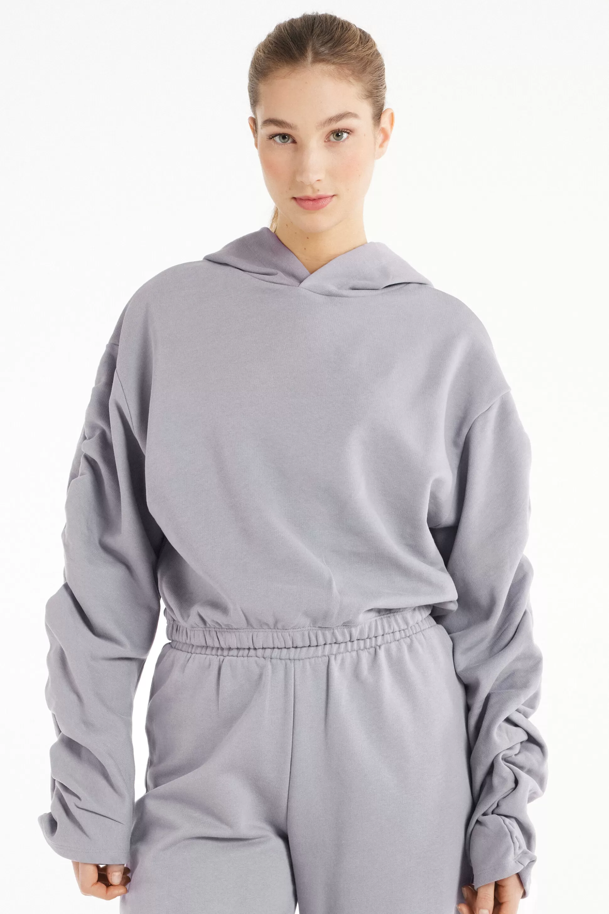 Tezenis Cropped Hoodie Sweatshirt With Ruched Sleeves - Sweatshirts - Women | grey Shop