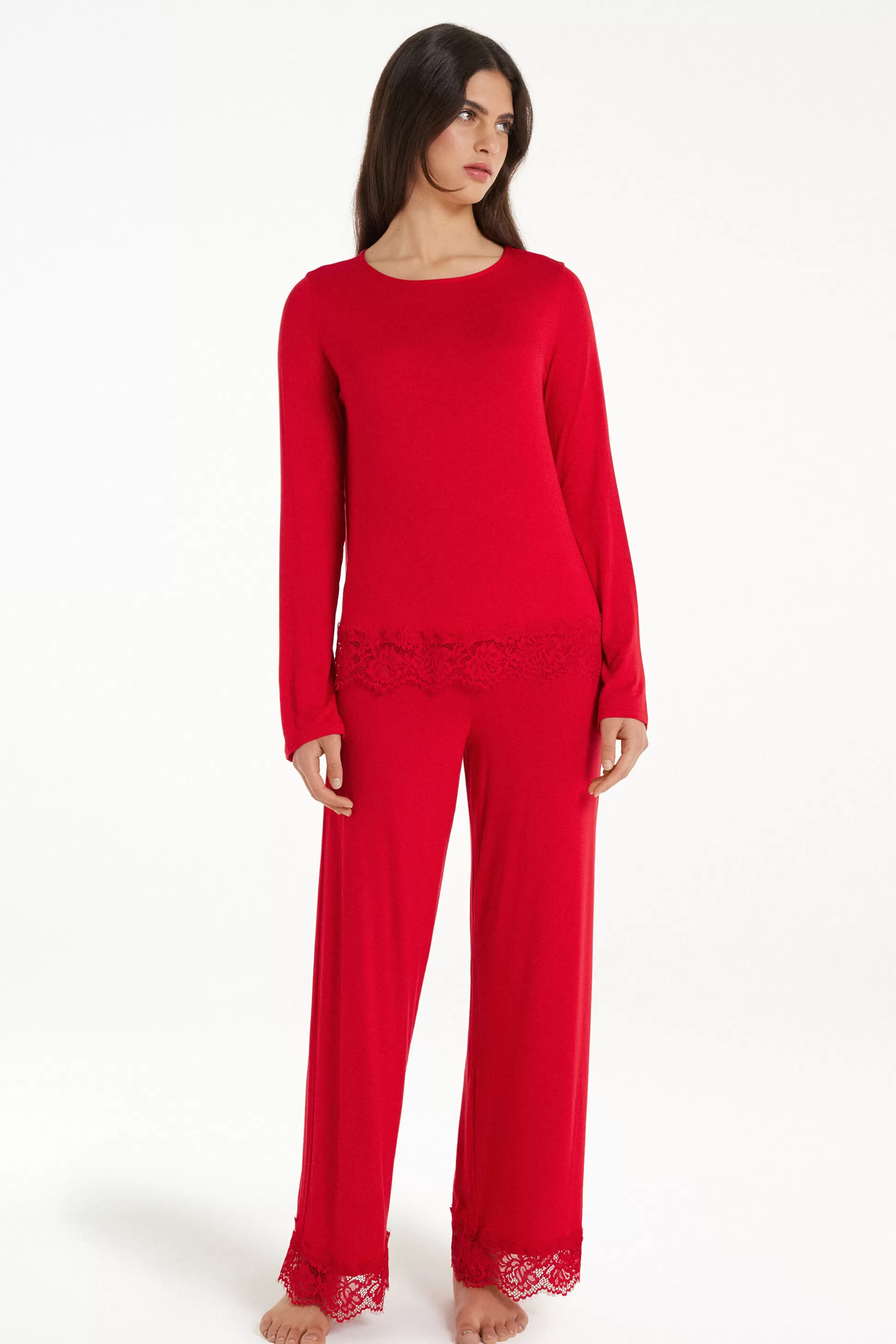 Tezenis Full-Length Viscose Pajamas With Lace - Long Pajamas - Women | red Sale