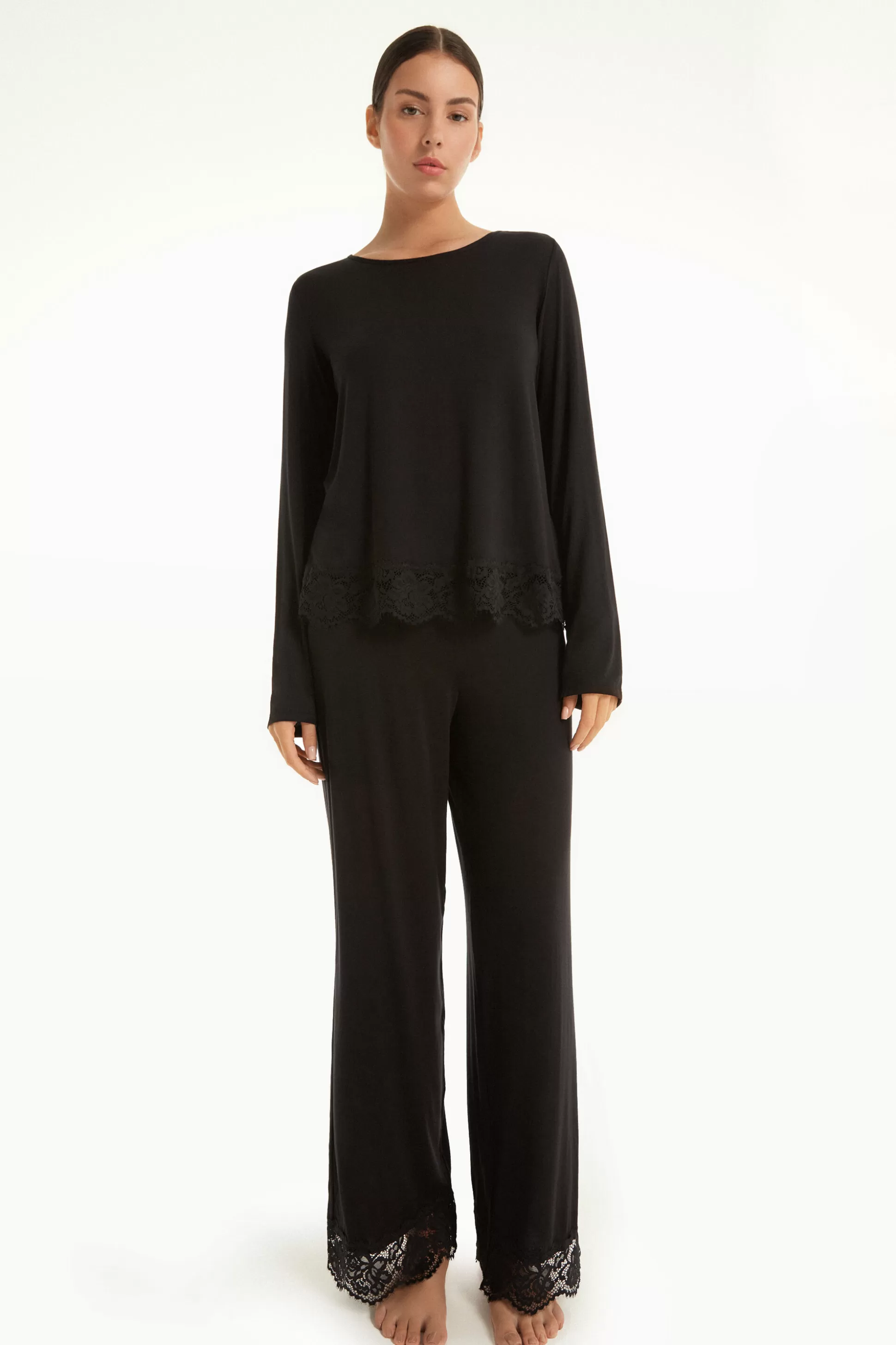 Tezenis Full-Length Viscose Pajamas With Lace - Long Pajamas - Women | black New