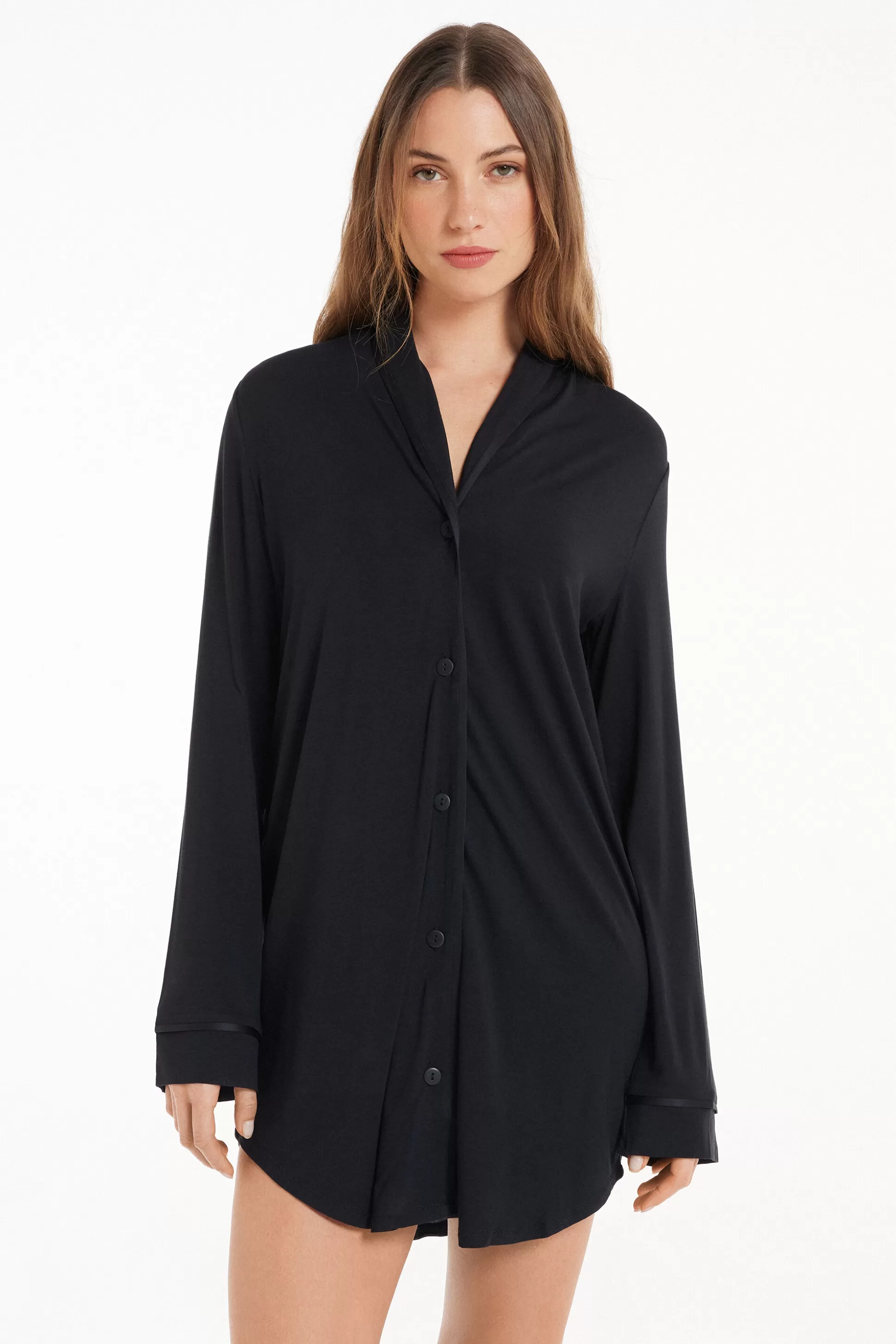 Tezenis Long-Sleeved Button-Down Satin-Edged Nightgown - Nightdresses And Robes - Women | black Cheap