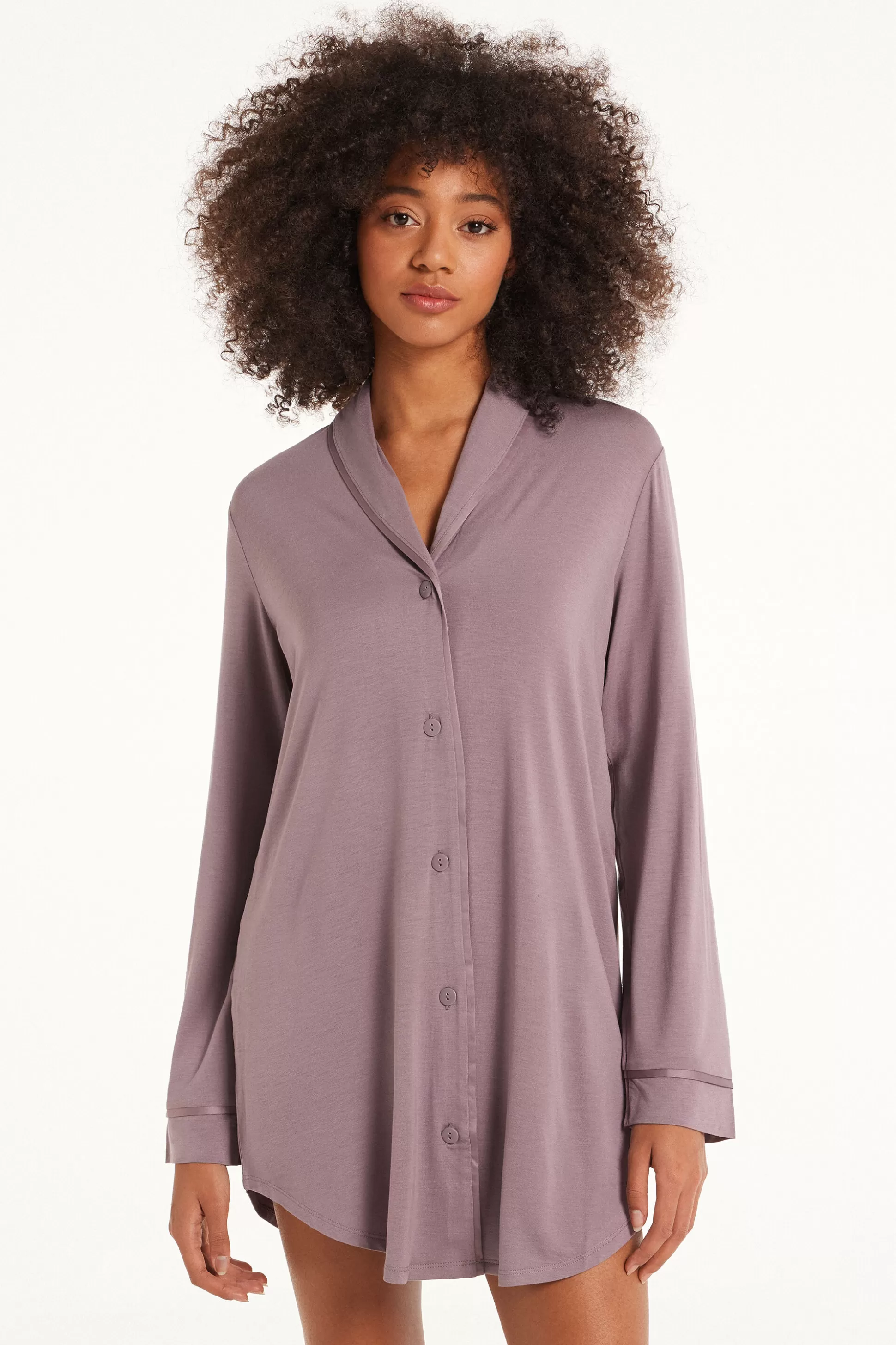 Tezenis Long-Sleeved Button-Down Satin-Edged Nightgown - Nightdresses And Robes - Women | violet Store