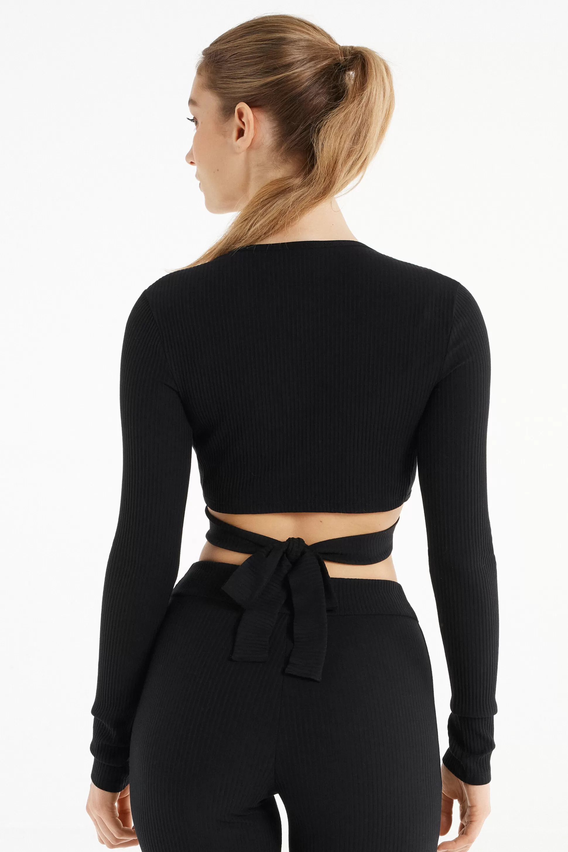 Tezenis Long-Sleeved Ribbed Criss-Cross Crop Top - Long-Sleeved Tops - Women | black Best Sale