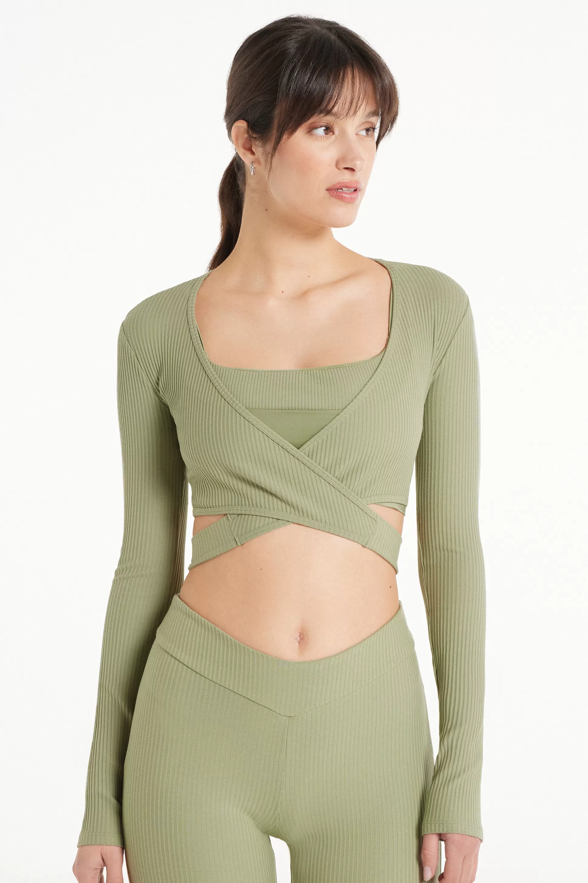 Tezenis Long-Sleeved Ribbed Criss-Cross Crop Top - Long-Sleeved Tops - Women | green Best