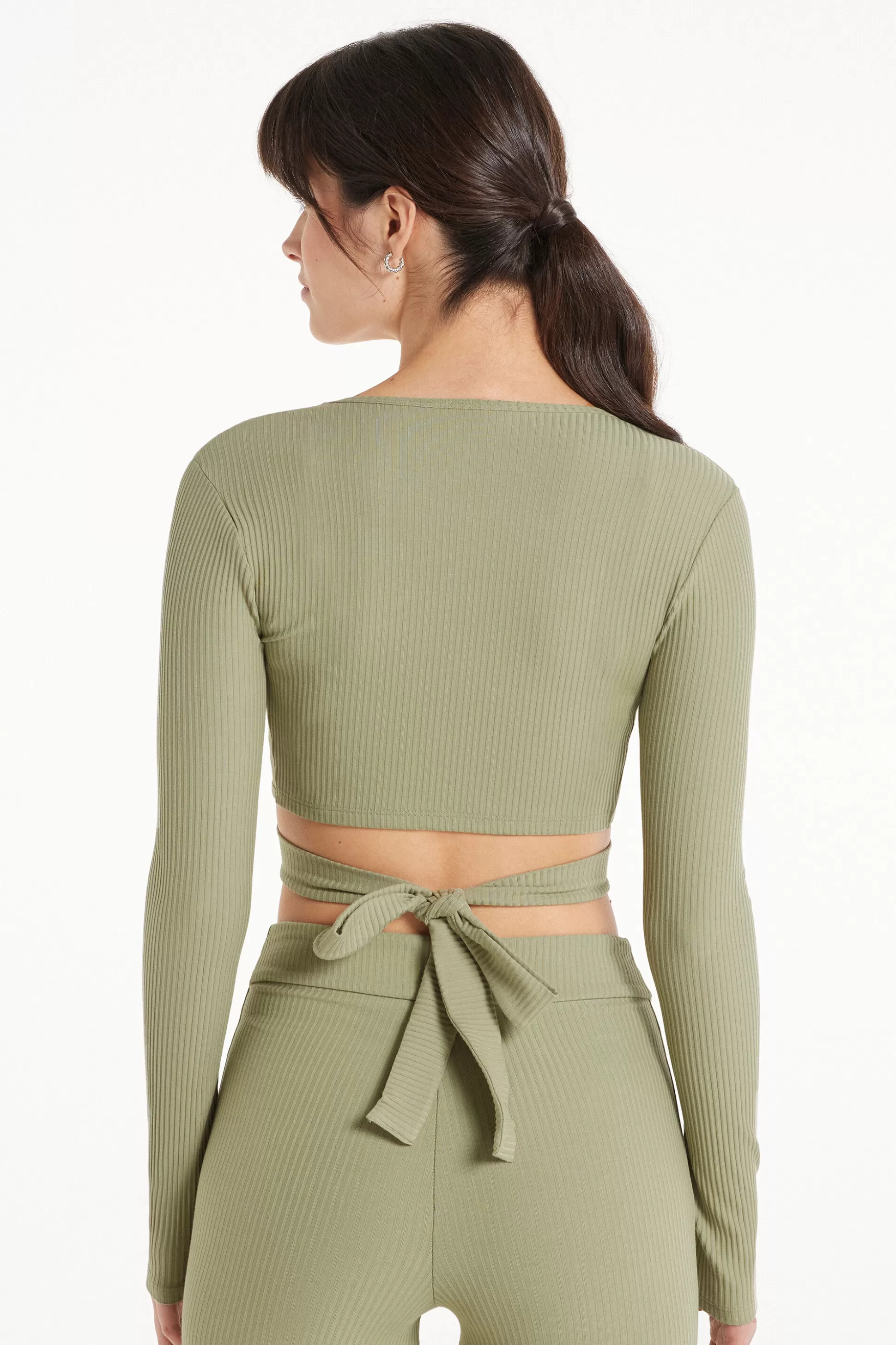 Tezenis Long-Sleeved Ribbed Criss-Cross Crop Top - Long-Sleeved Tops - Women | green Best