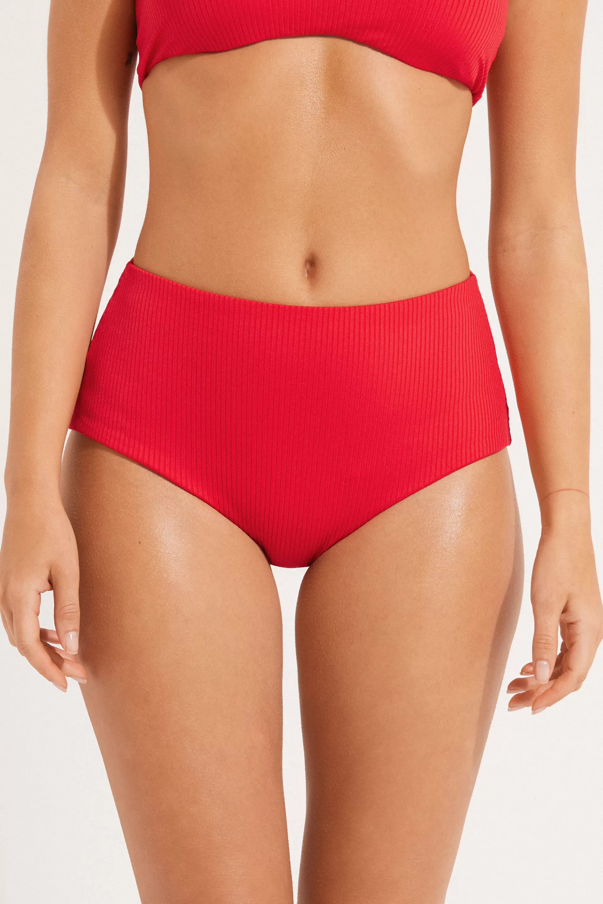 Tezenis Ribbed Recycled Microfiber High Waist Bikini Bottoms - Classic - Women | red Hot